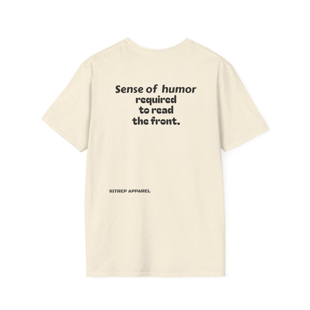 “Sense of humor required to read the back.”