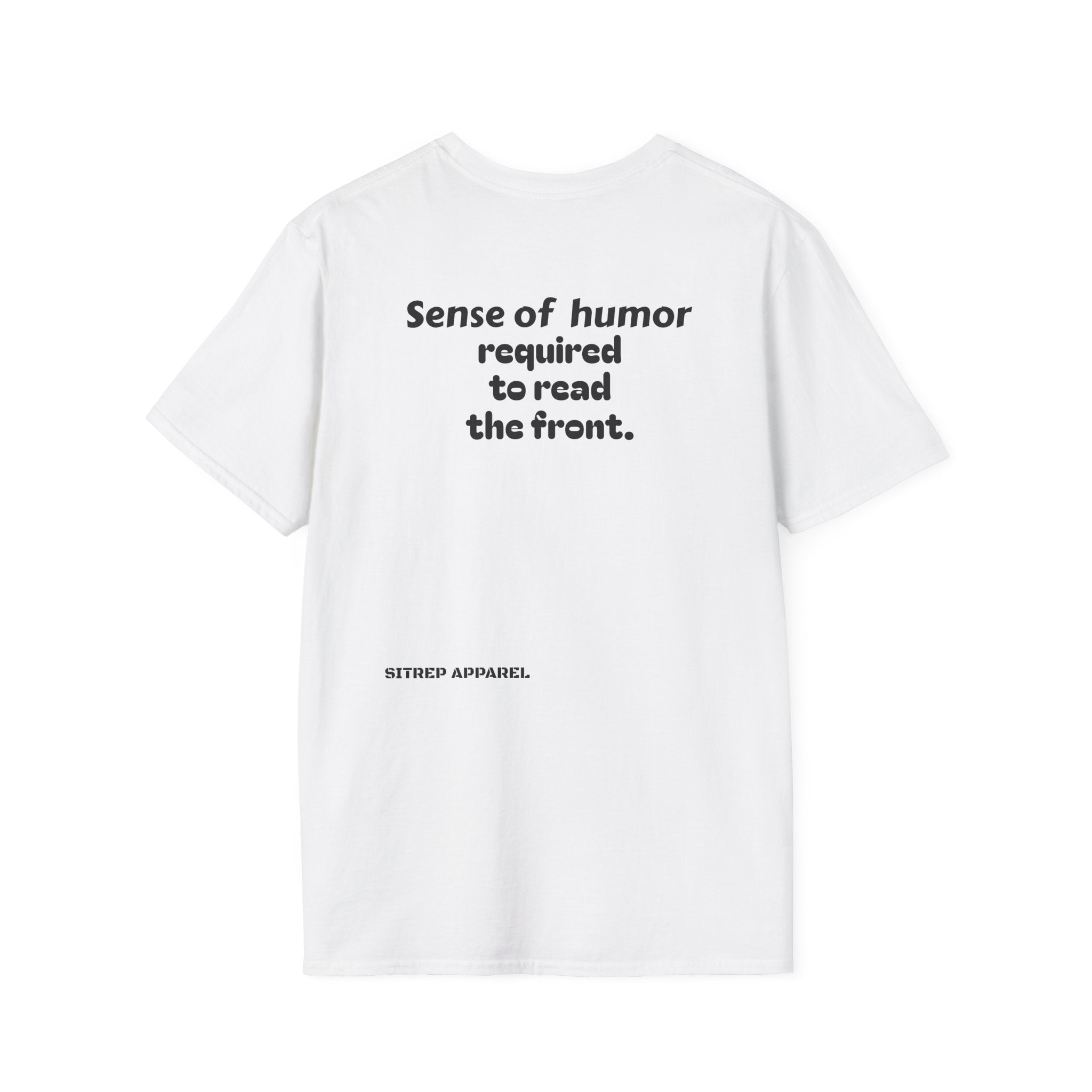 “Sense of humor required to read the back.”