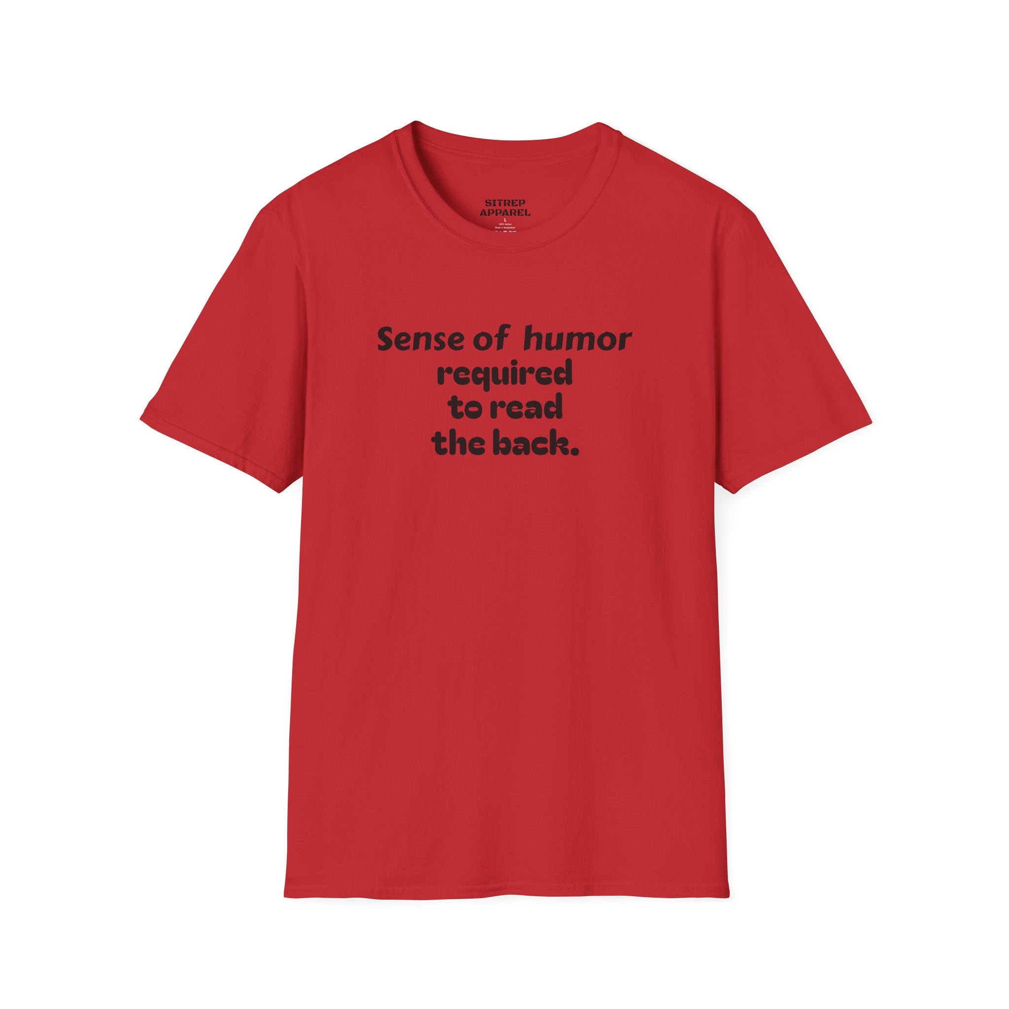 “Sense of humor required to read the back.”