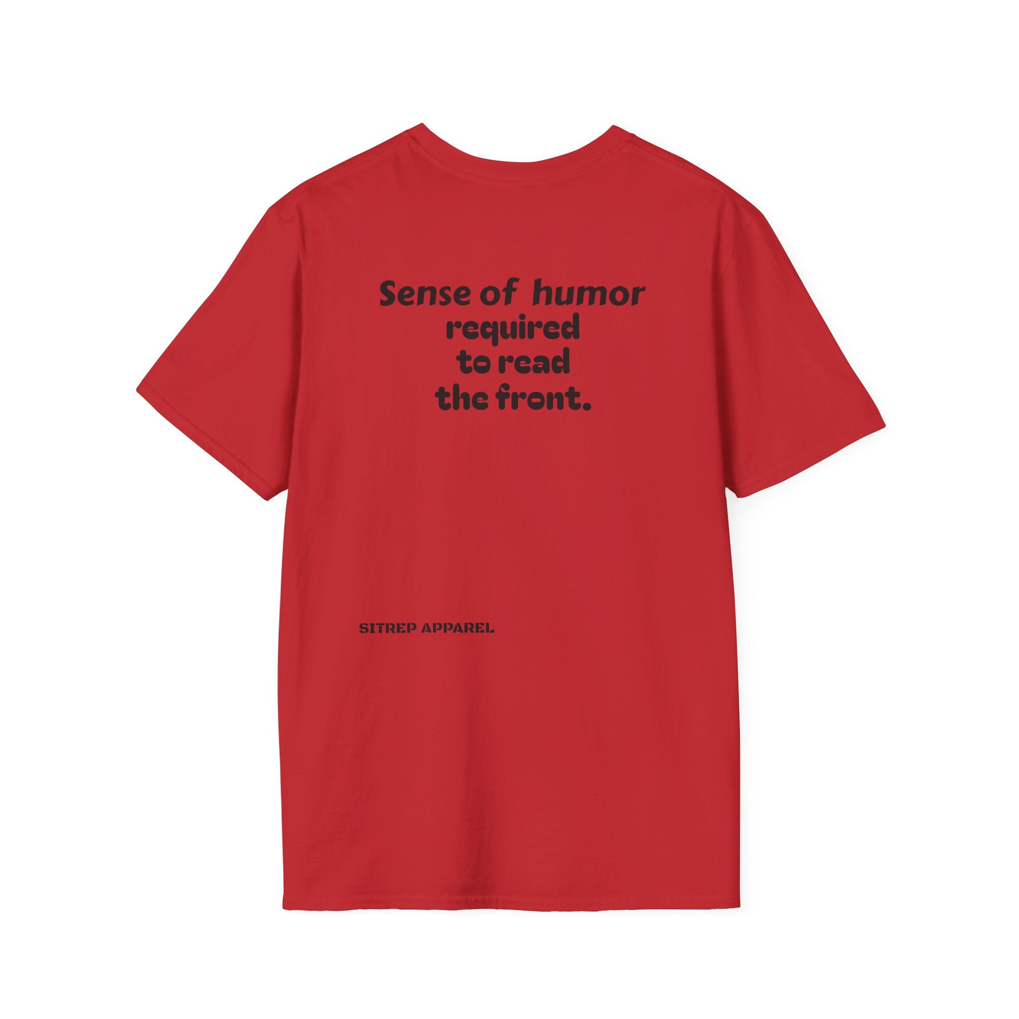“Sense of humor required to read the back.”