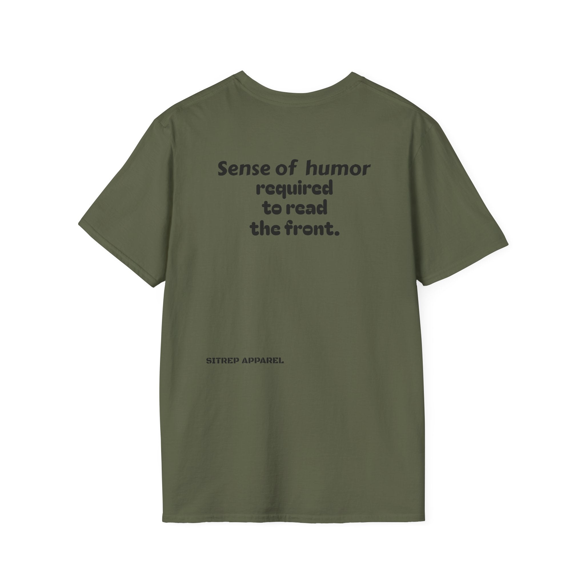 “Sense of humor required to read the back.”