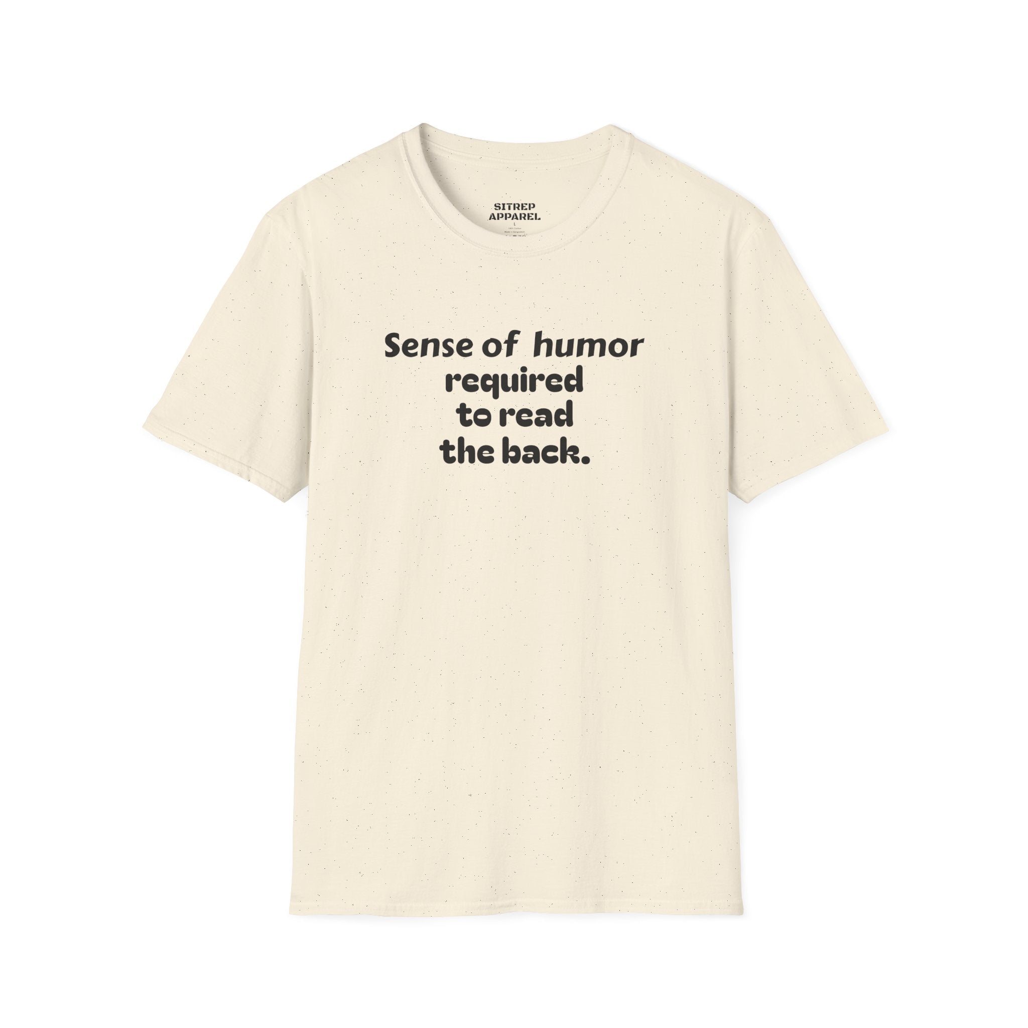 “Sense of humor required to read the back.”
